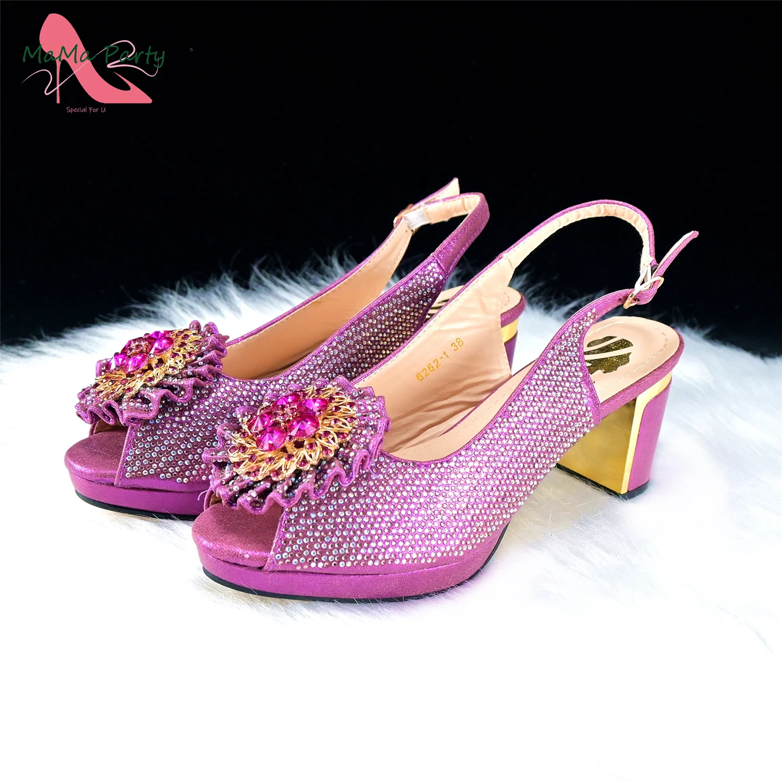 Purple Color New Design Nigerian Women Shoes and Hand Bag Set with Shinning Crystal High Quality Comfortable Heels for Dress