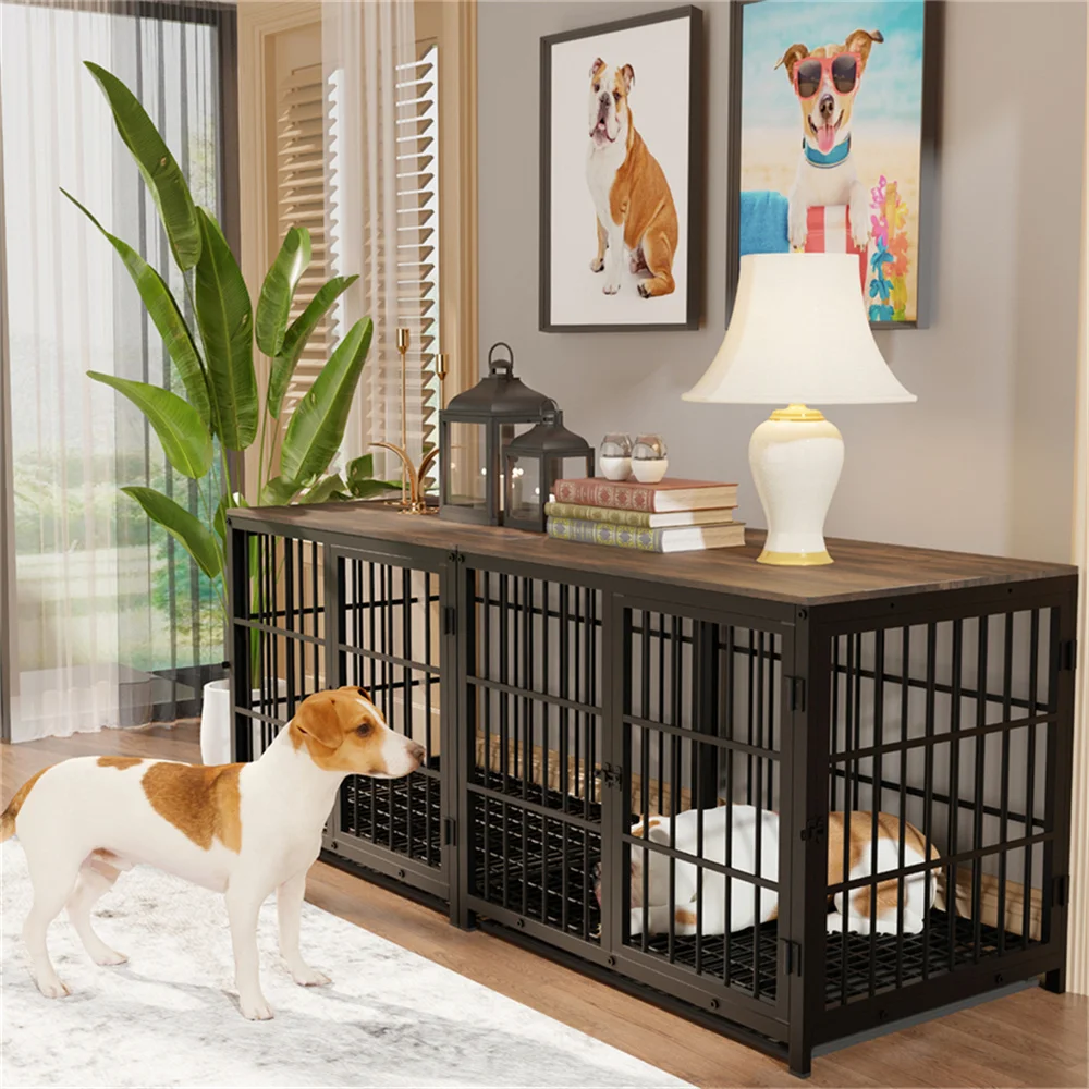 Large Wooden Dog Crate Indoor Furniture Style Elevated Pet Dog Cage Kennel End Table Lattice Playpen with 3 Doors Removable Tray 2