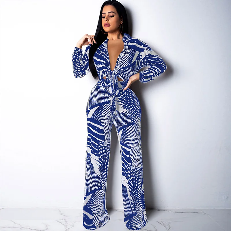 Casual Loose Print Two Piece Set Women Lace-up V-neck Shirt Top and Wide Leg Pants Matching Sets Party Club Outfits for Woman