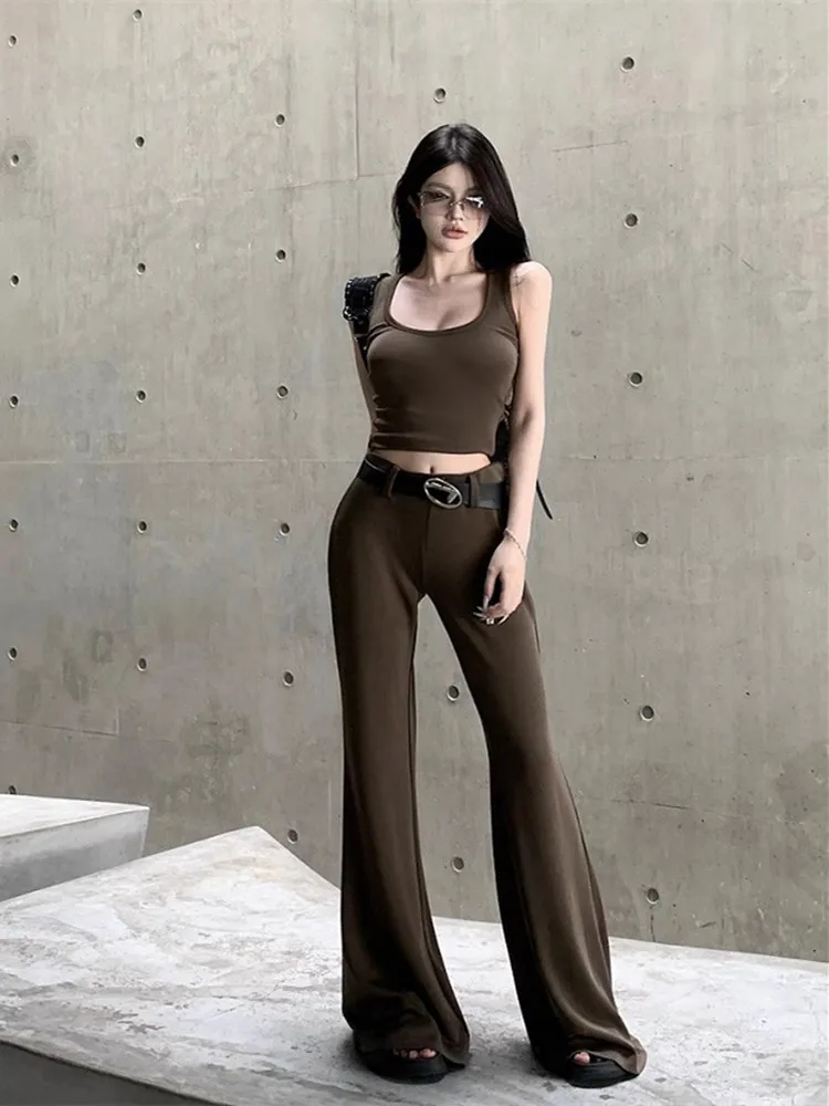American Brown Sports Camisole High Waist Suit Pants For Women Summer Wide Leg Pants