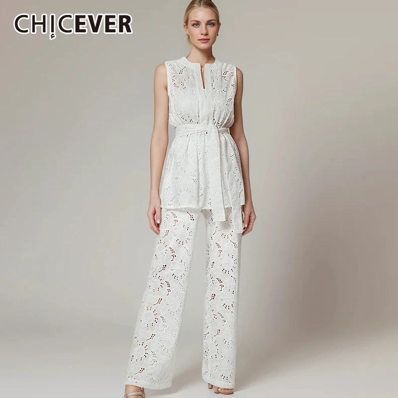 

CHICEVER Solid Casual Two Piece Sets For Women O Neck Sleeveless Spliced Lace Up Top High Waist Loose Pant Hollow Out Set Female