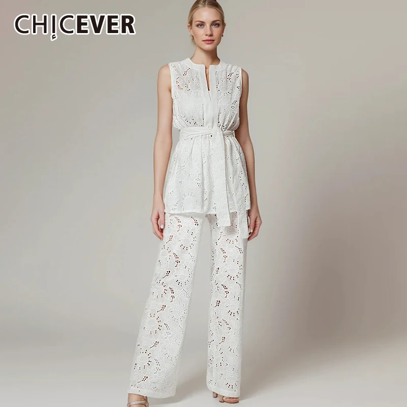 

CHICEVER однотонные повседневные комплекты из двух предметов для женщин с круглым вырезом без рукавов со шнуровкой топ с высокой талией свободные брюки комплект с вырезами для женщин