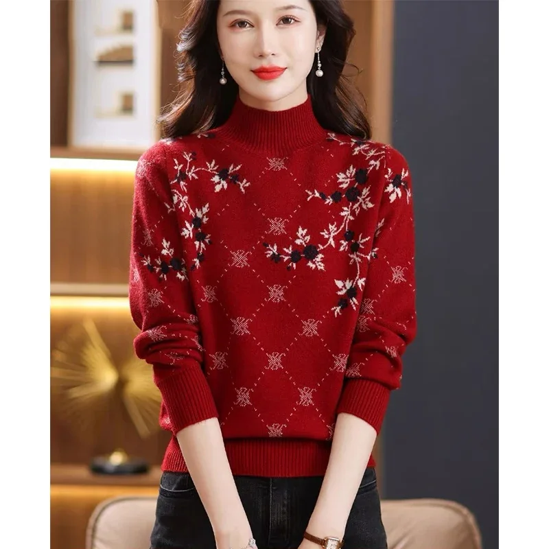 

Women Clothing Winter Knitted Wool Sweaters Causal Loose Simple Fashion Pullovers Striped Half High Collar All-match Knitwear
