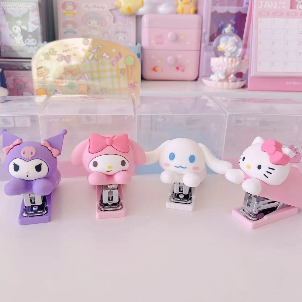 

Kawaii Sanrio Kuromi My Melody Cinnamoroll Kitty Anime Cartoon Cute Stapler Set Office Small Student Silicone Binding Machine