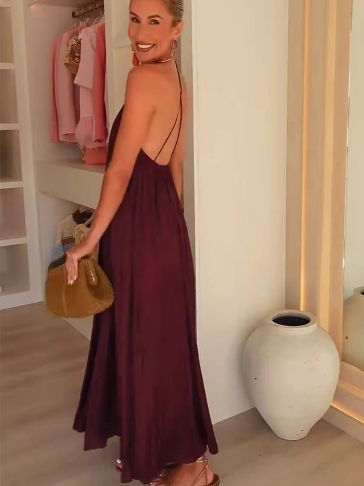TFMLN Backless Sling Maxi Dress For Women Casual Loose  V-neck High Street Open Back Dress 2025 Summer Lady Vacation Robes