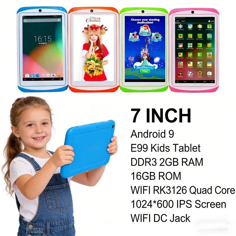 7인치 E99 안드로이드 9 키즈 태블릿 2GB 램 16GB 롬 RK3126 쿼드 코어 1024*600 IPS 와이파이 DC 잭 어린이용 휴대용 학습 태블릿
