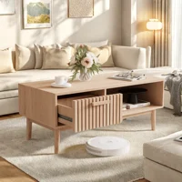 Table basse Fangange, table d'appoint, table de canapé, table de salon, panneau de porte en rotin respirant et pieds hauts, étagères de rangement ouvertes, patins antidérapants, pieds en bois massif, couleur bois naturel 1