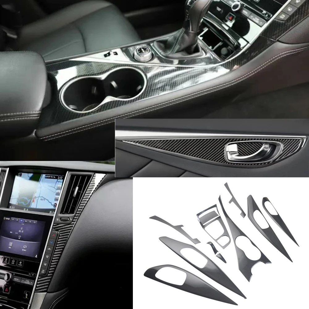 

11pcs Real Dry Carbon Fiber Car Interior Trims Center Console Cover Dash Cover Door Trims For Infiniti Q50 2014up