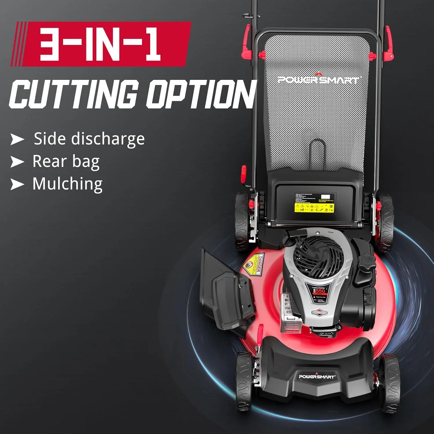 Self Propelled Gas Lawn Mower Engine 21 Inch Steel Deck 3 in 1 Mulch 6 Position Dual Lever Height Adjustment