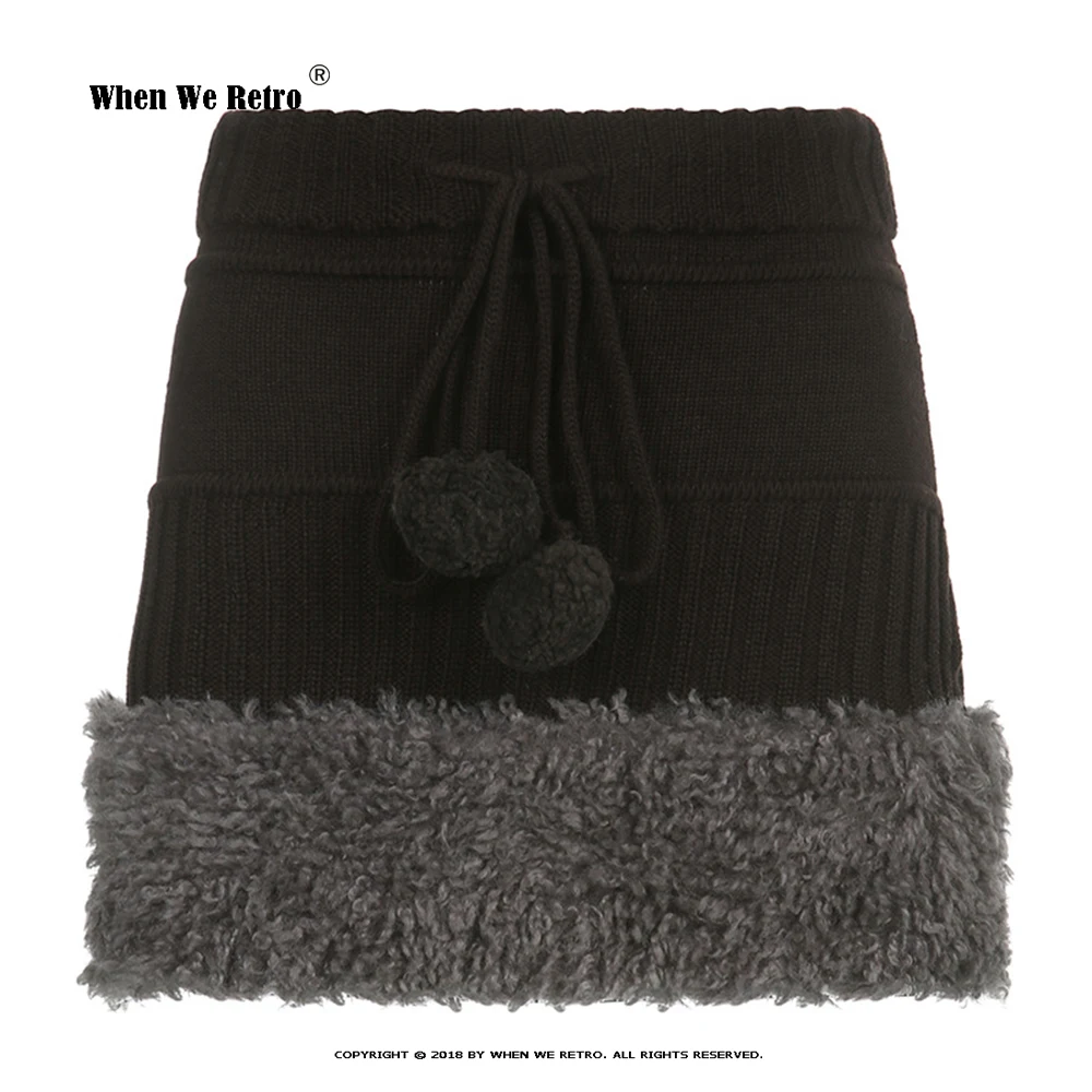 

Sexy Brown Knitted Skirt For Women Fashion Autumn Winter Low Waist Lace Up Yarn Ball Fur Hem Mini Skirt Y2k Midi Falda RS117