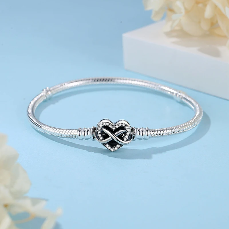 Original 925 Sterling Silver Bracelet for Women Charms Beads Rose Gold Heart Bangles Snake Chain Luxury Jewelry Gift