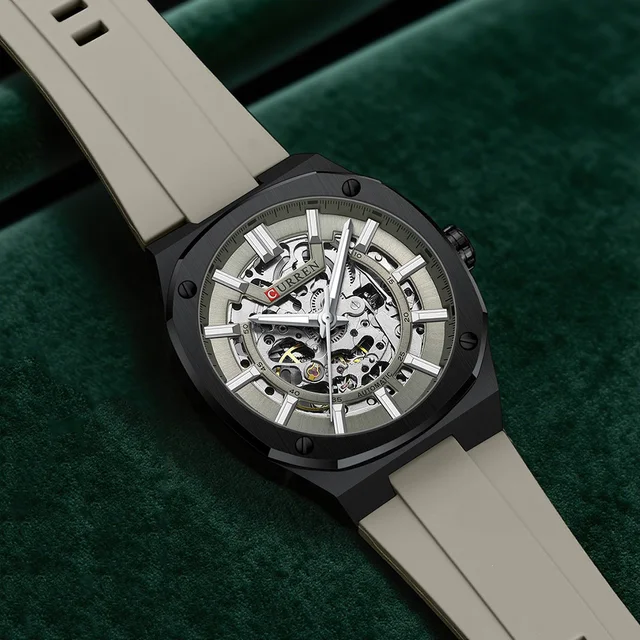 CURREN Watch for Men 41mm Skeleton Dial & Luminous Hands Self-Winding Mechanical Movement Silicone Strap Streetwear Wristwatch
