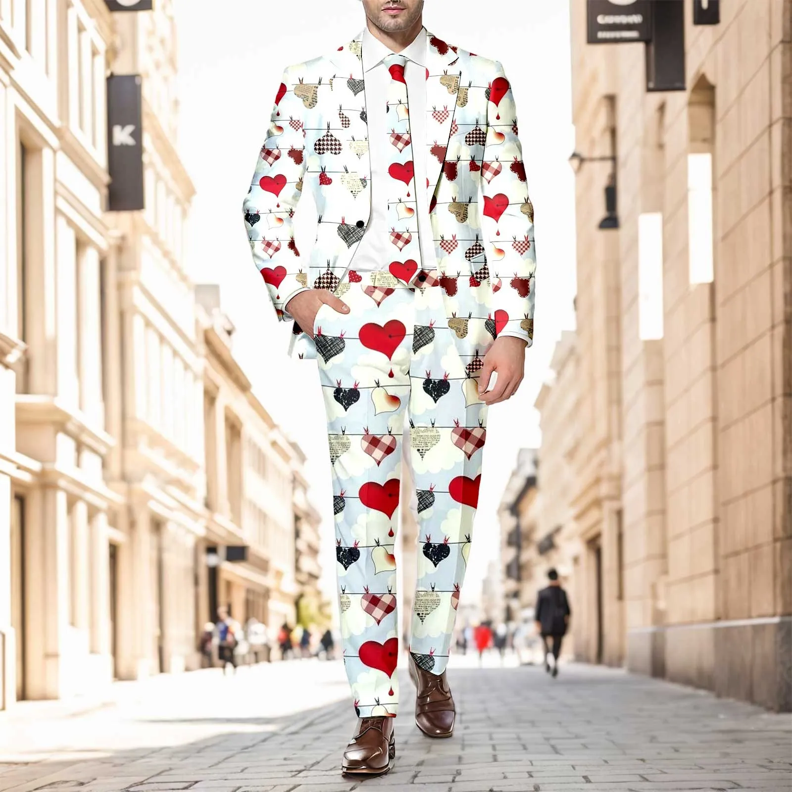 Men Blazer Pants Red Love Heart Print Slim Fit One Button Pockets Suit Set Men Clothes Business Suit Jacket Trousers Outfit