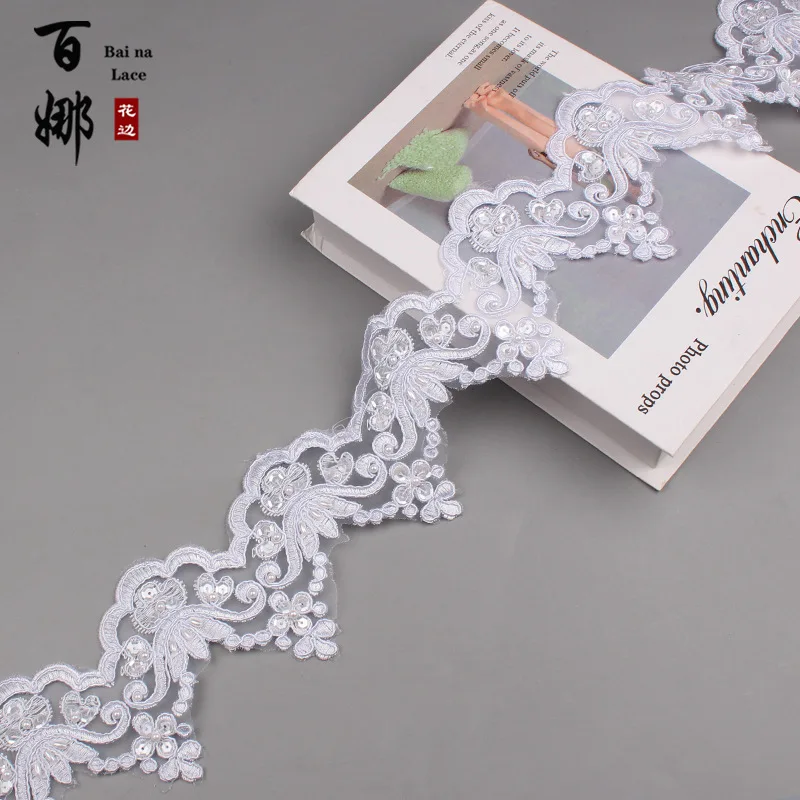 Description Picture 3 of item1 Yard 9cm wide Gold Beaded Cording Fabric Flower Venise Venice Mesh Lace Trim Applique Sewing Craft For Bride Wedding Dresses