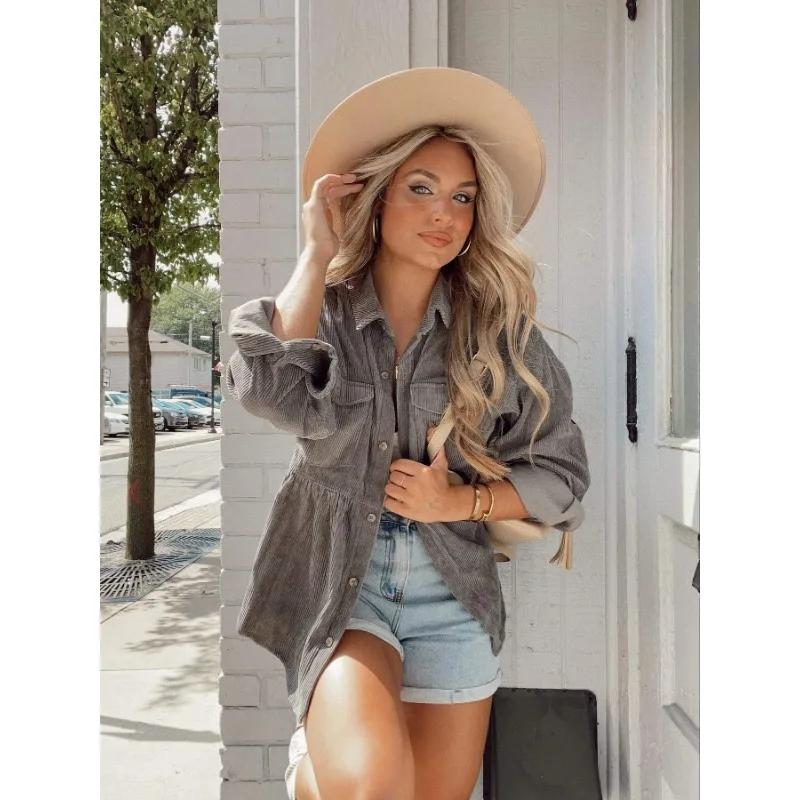 

Autumn Winter Corduroy Pocket Shirt Top Casual Fashion Long Sleeve Turn Down Collar Button Blouse T-shirt INS Y2K Clothes