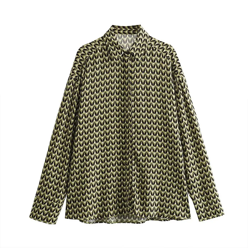 

Autumn Women's Shirt Blouse 2023 New Casual Button Lapel Long Sleeve Geometric Pattern Printed Short Top