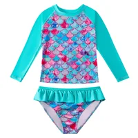 European And American Style Girls Long Sleeves Split Bathing Suit 3-9Years Kids Bikini Mermaids 3D Print Sunscreen Swimsuits 4