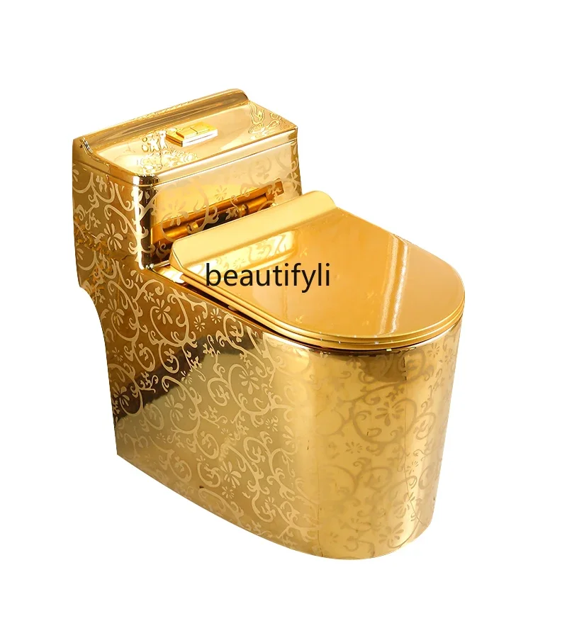 

Household Creative European Style Flush Toilet Golden Pattern Toilet Ultra-High Siphon Water-Saving Deodorant Color Toilet