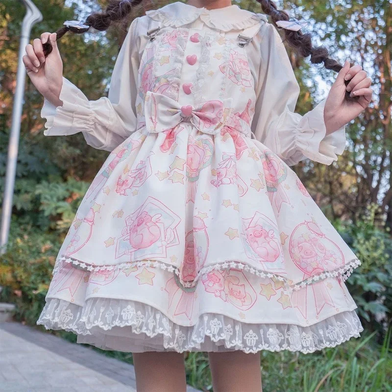 

Women Lolita Japanese Strap Dress Sweet and Kawaii Cute Dress Retro Victorian Gothic Cartoon Sleeveless Bow Lace Princess Dress