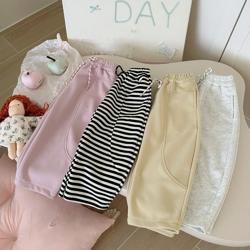 Spring Toddler Girl Sweatpant Cotton Stripe Loose Drastring Infant Baby Girl Track Pant Versatile Candy Color Kid Pant