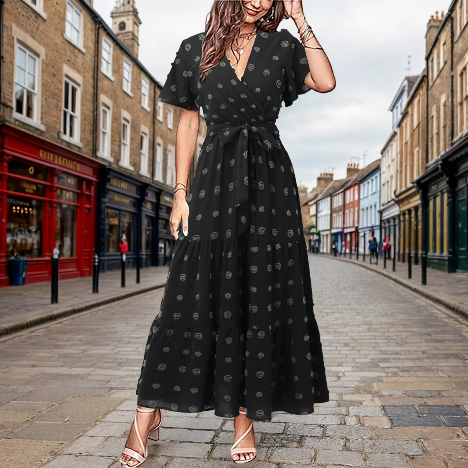 

Elegant Fashion Long Dresses Women Summer Elegant Jacquard Dress V Neck Short Sleeve Beach Maxi Dress Lace Up Loose Vestidos