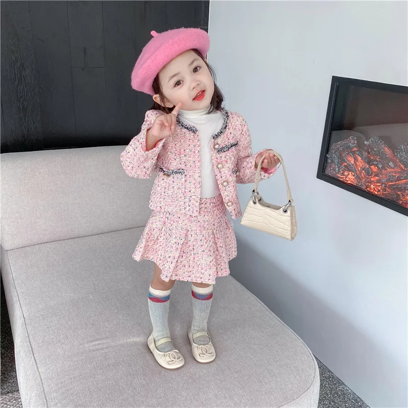 

Children Clothing Set 2023 Spring Autumn New Fashionable Korean Style Retro Sweet Coat and Pleated Skirt Princess Two Piece Set