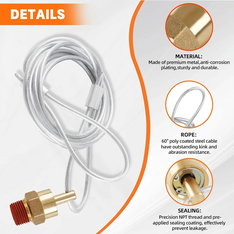 A05Q-2 Pack Of 3/8Inch NPT Air Tank Drain Valve With 60Inch Cable,For Air Compressor Drain Valve Cable,For Semi Truck Trailer