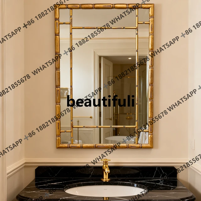 กระจกห้องน้ำทรงสี่เหลี่ยมติดผนัง กรอบไม้ไผ่สไตล์ฝรั่งเศส หรูหราเบาๆ ใช้เป็นกระจกแต่งหน้าหรือวางข้างโต๊ะอาหาร ดีไซน์สร้างสรรค์แบบจีนทันสมัย 1