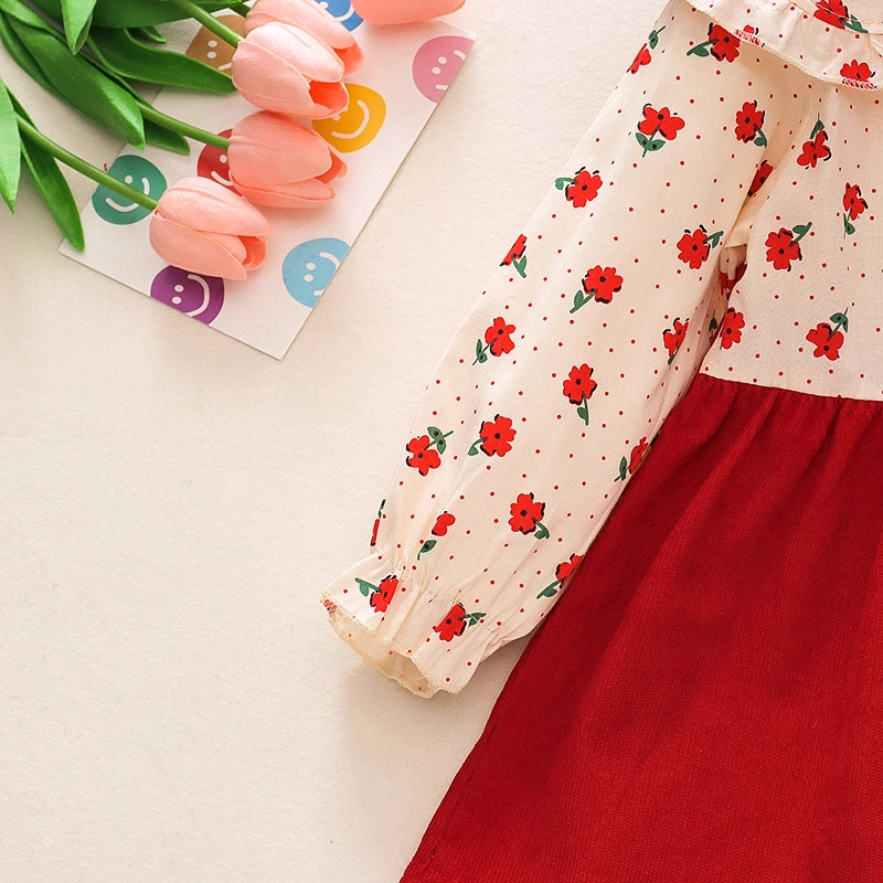 Girls Dress Autumn New Girls' Fake Two-Piece Long Sleeved Floral Dress Children's Clothing Doll Collar Bow Shirt Children's Skirt