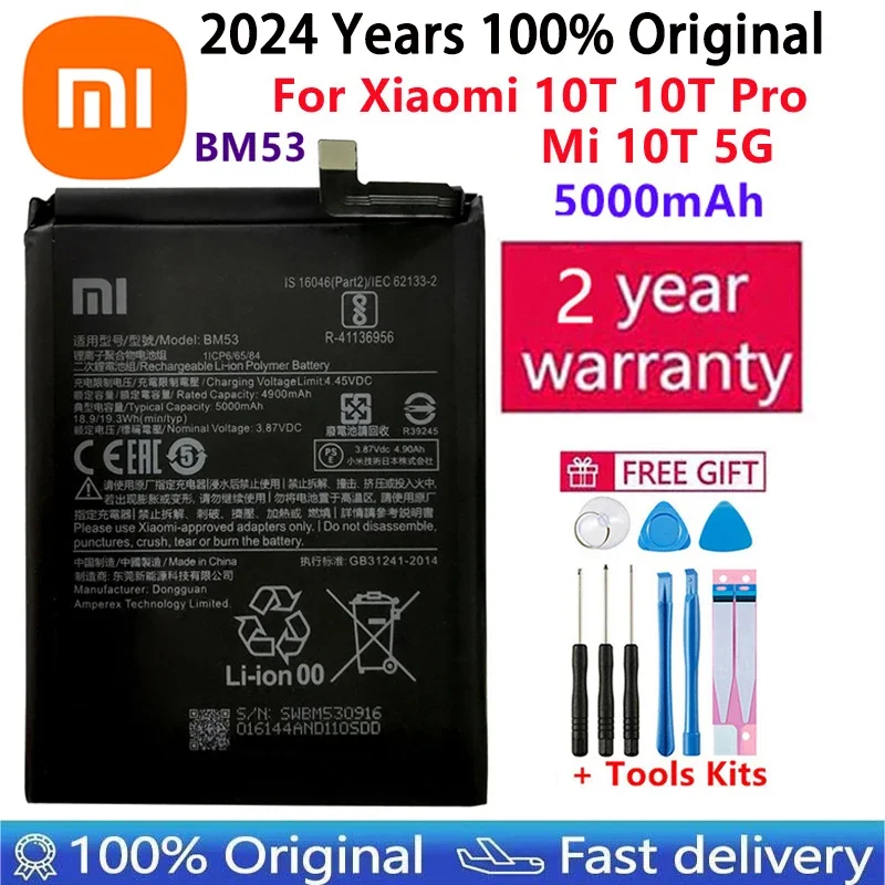 

2024 Years Xiao mi 100% Original Phone Battery For Xiaomi Mi 10T 10T Pro 5000mAh BM53 High Qulity Replacement Batteries Bateria