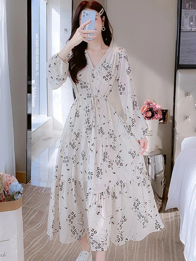 Spring Black Floral Chiffon Long Sleeve V-Neck Midi Dress 2023 New White  Elegant Casual Dress Women Korean Vintage Hepburn Dress - AliExpress