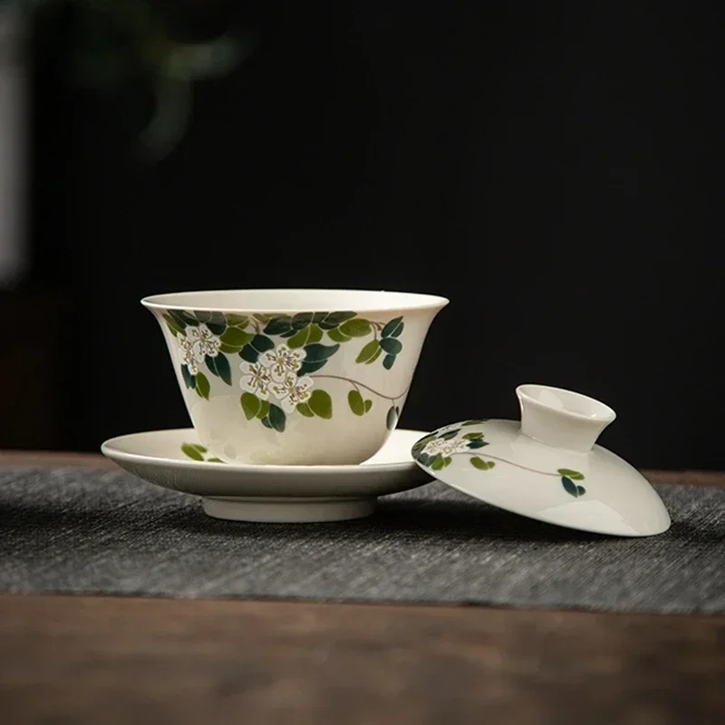 Japanese Style Grass Wood Gray Ceramic Gaiwan Large Ceremony Bowl Kung Fu Tea Set Household Minimalist Covered Bowl 175ml tea set