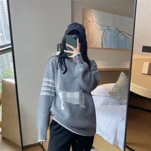

Autumn and winter new college style tb contrast color puppy pattern four-bar pullover sweater casual top tide