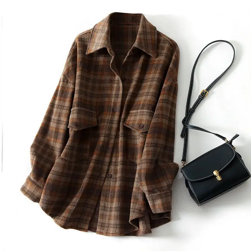 2023 Autumn/Winter New Hong Kong Style Polo Collar Long Sleeves Comfortable Plaid Casual Loose Fit Slim Leisure Female Shirt