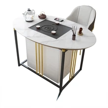 

Balcony round tea table modern simple rock board table with automatic kettle light luxury tea table and chair combination