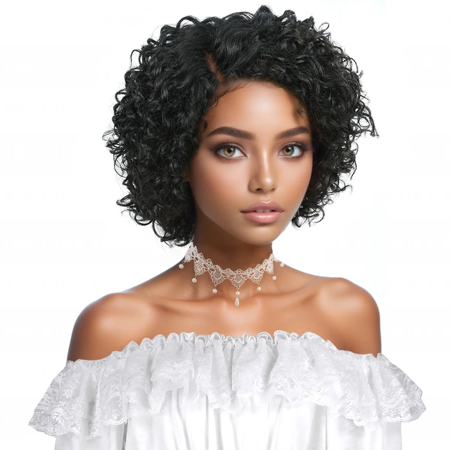 Perruque Lace Front Wig naturelle, cheveux crépus bouclés, coupe Pixie, couleur 4x1, pre-plucked, avec raie latérale, pour femmes 1