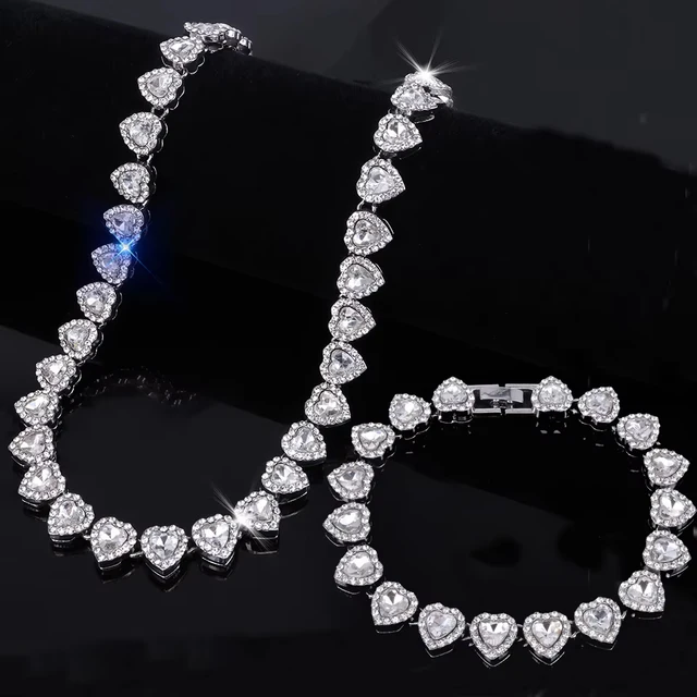 ZAKOL 45CM New Hip Hop Tennis Chain Bracelet Necklace Shiny Heart Rhinestone CZ Fashion Rock Party Jewelry Set 11