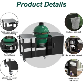Grill Table for Big Green Egg Style BBQ, Heavy Duty Metal Outdoor Grill Station Prep Table with Storage 6