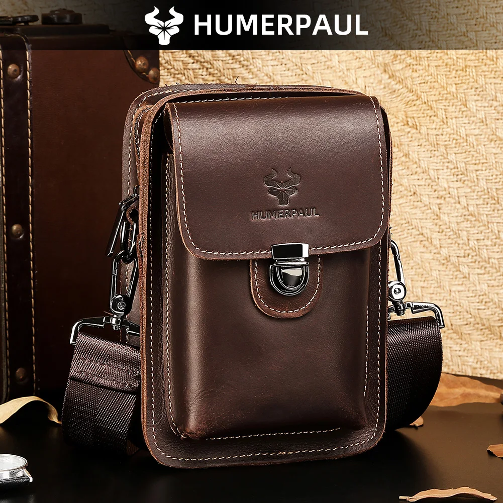 HUMERPAUL Herren-Hüfttasche, Crazy Horse-Leder, kleine Umhängetaschen, hochwertige multifunktionale Handytasche
