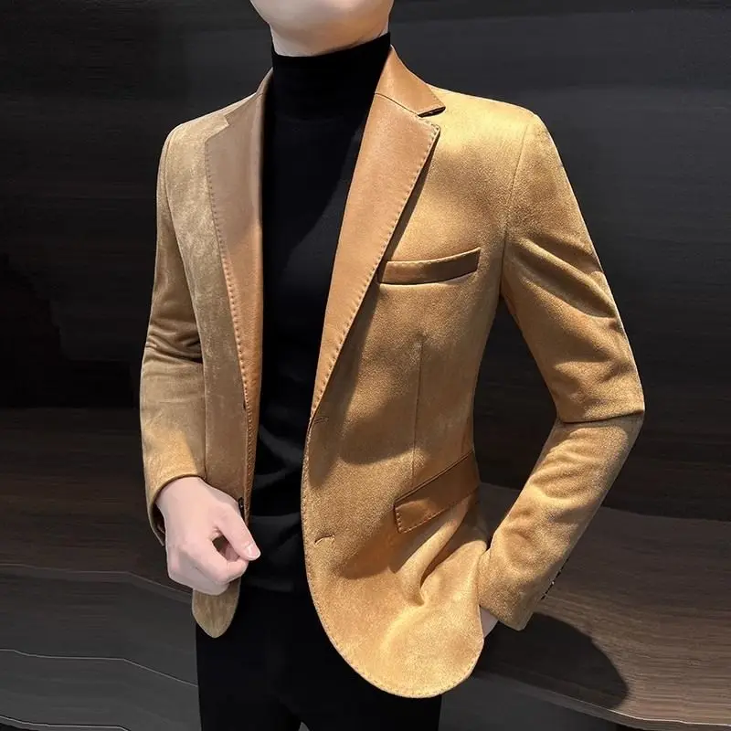 Mens Blazer Spring Autumn Long Sleeve Turn-down Collar Patchwork Solid Korean Pockets Button