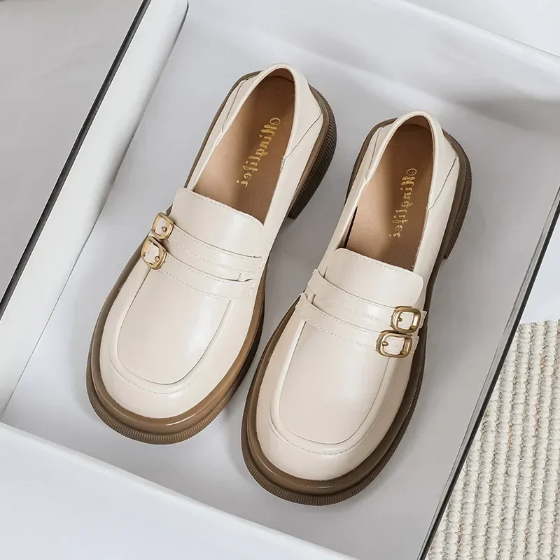 

2023 autumn Women's Leather Shoes Black Mid Heel Loafers Fashion Belt Decoration Design Banquet and Office Outdoor Wear 41-43