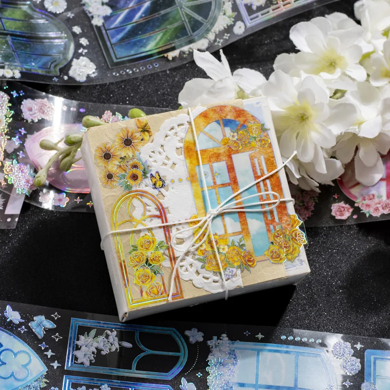Yoofun 6.5cm x 2m Kawaii Flower Window Scenery Masking PET Tape Transparent Collage Decorative Adhesive Material Sticker Label 3