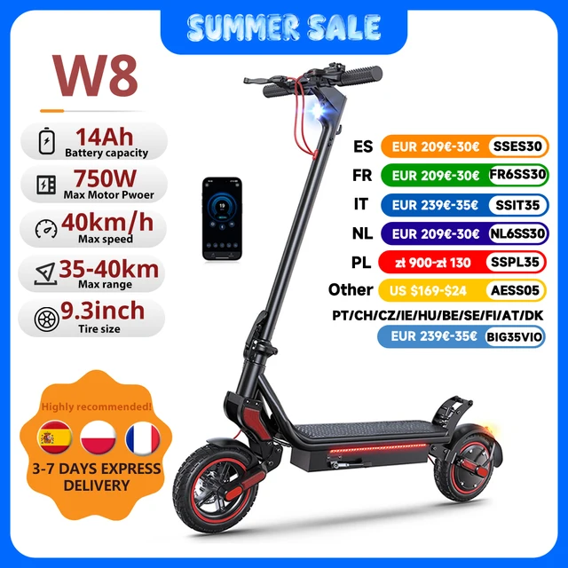 Trottinette électrique W8 9,3 pouces, moteur 48V 14Ah 750W, autonomie maximale 30-40 km, vitesse maximale 40 km/h, double suspension, avec application 1