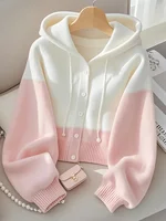 Pink Spliced Hoodie Sweater Women's Autumn Winter New Lazy Sle High-End Open Cardigan Knitted Top Warmth Emitting Regular L...