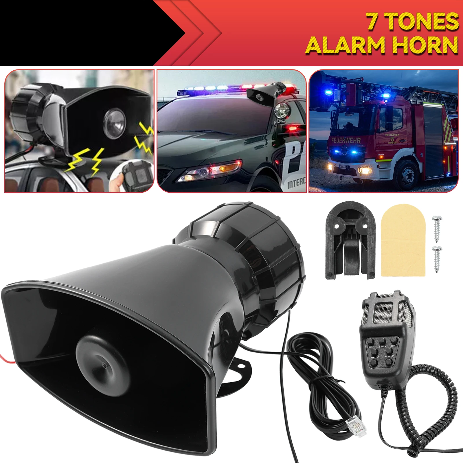 Police Siren Air Horn Speaker Multi-tone & Claxon Horn Car Warning Alarm Megaphone 120DB Loud 12V 100W 7 Sounds Car Claxon