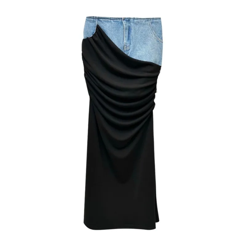 

Vintage High Waist Long Denim Skirt Women Floor-length Black Folds Patchwork Design Versatile Clothes Summer Streetwear Casual