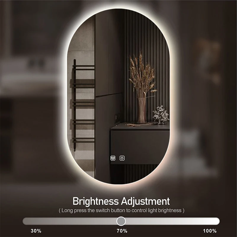 Oval Smart Vanity Bathroom Mirror High Quality Refection Three Color Brightness Dimmer With Anti-fog LED Hotel bath Mirror 4