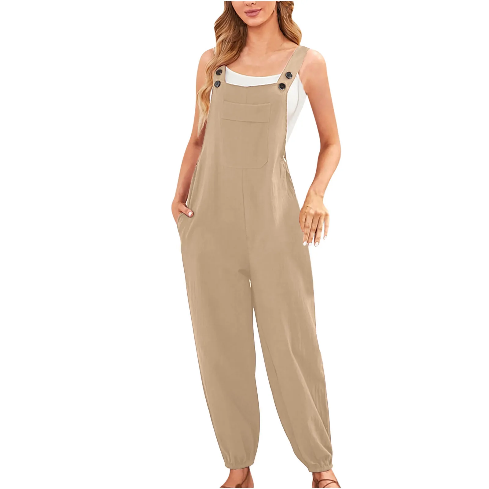 Cotton Linen Ladies Bib Pants Suspender Trouser Loose Casual Female Women One-Piece Romper Overalls Wide Leg Jumpsuit Streetwear 6