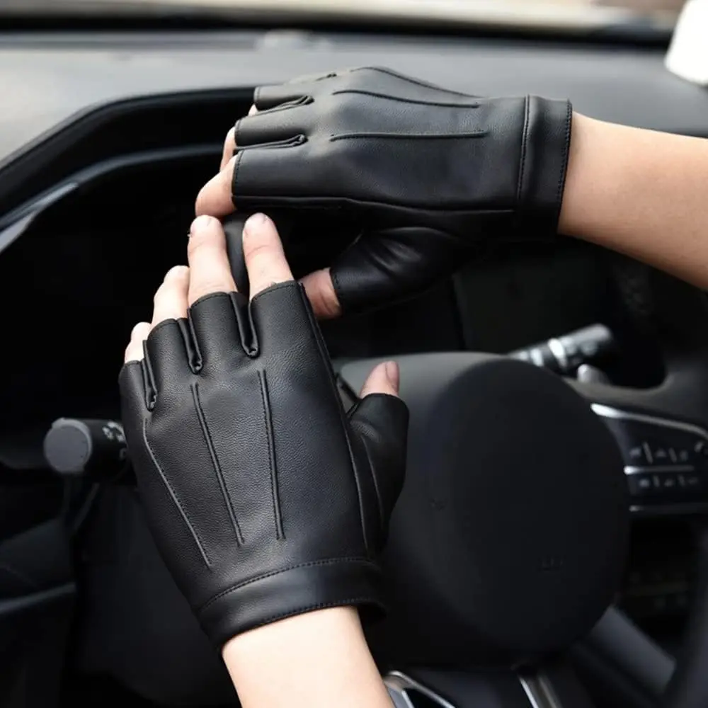 Fingerless Driving PU Leather Gloves Outdoor Sport Faux Half Finger with Anti-slip Layer Glove for Men Women 2