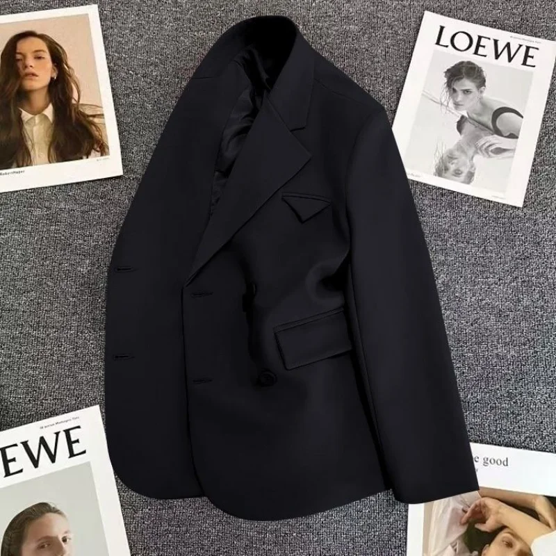 Women Spring and Autumn Small Suit Double Breasted Leisure Solid Color Button Pocket Splicing Long-sleeved Cardigan Coat